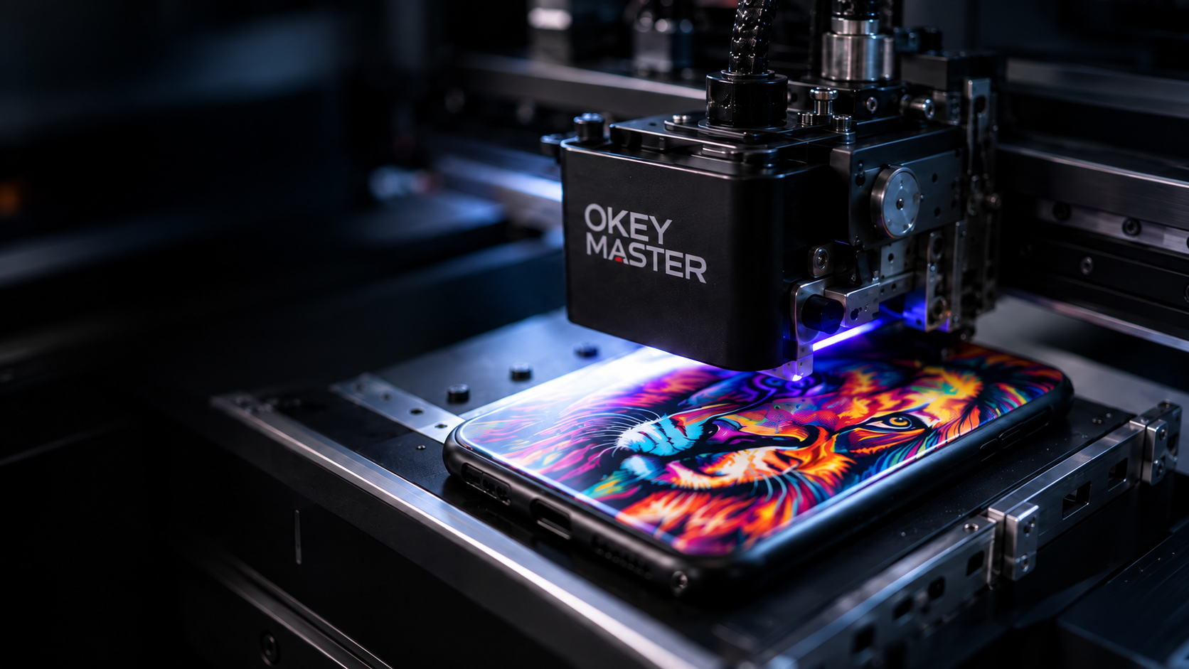 Escena ilustrativa de un cabezal UV imprimiendo un tigre sobre una funda
