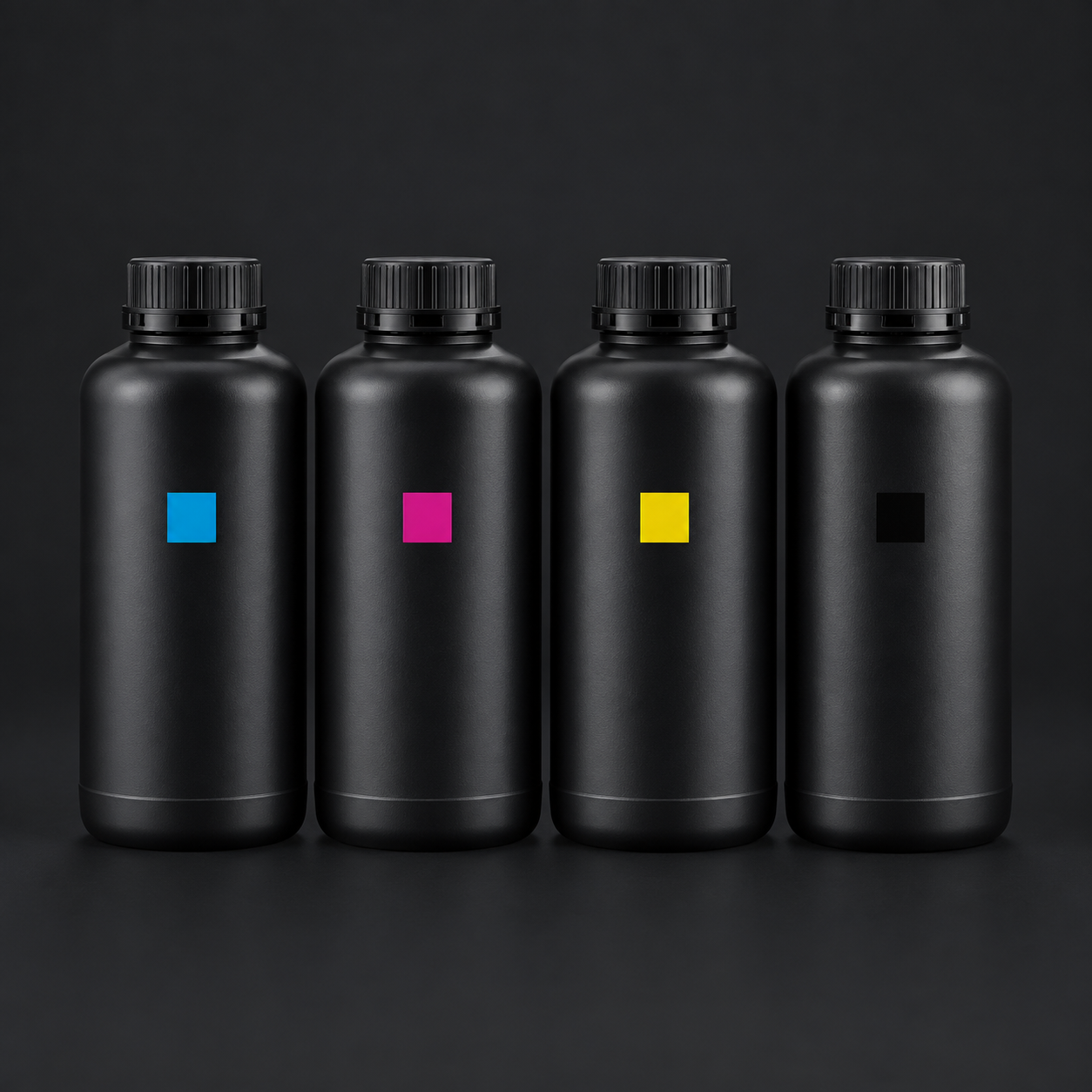 Ejemplo ilustrativo de botellas de tinta UV cian, magenta, amarillo y negro